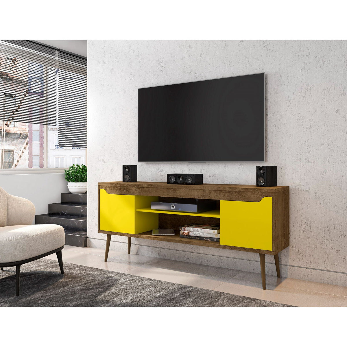 Modern Design TV Stand with Concealed Storage - White or Yellow
