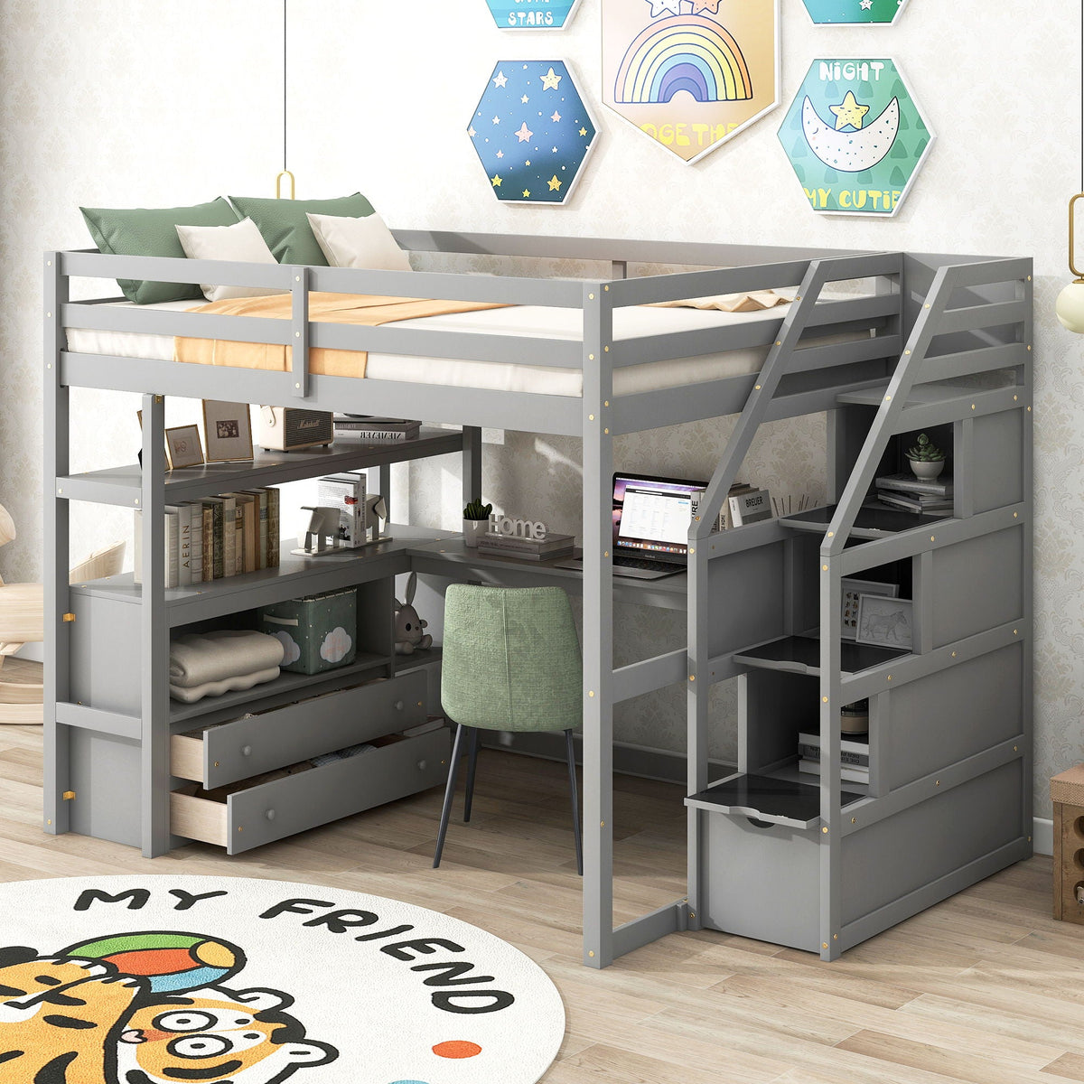 Loft Bed with Desk and Storage Staircase - Full or Twin, White or Gray