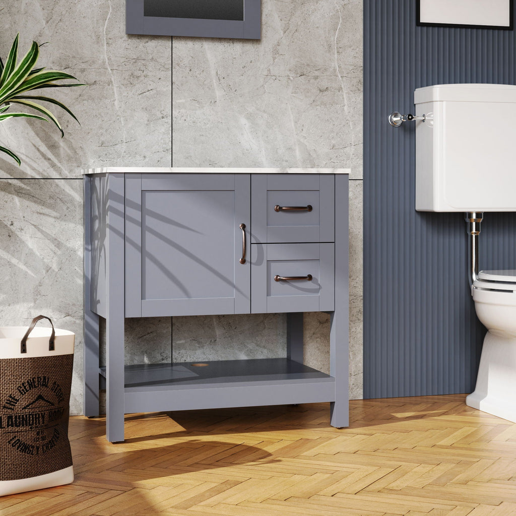 Gray Bathroom Vanity With Mirror and Marble-Pattern Top