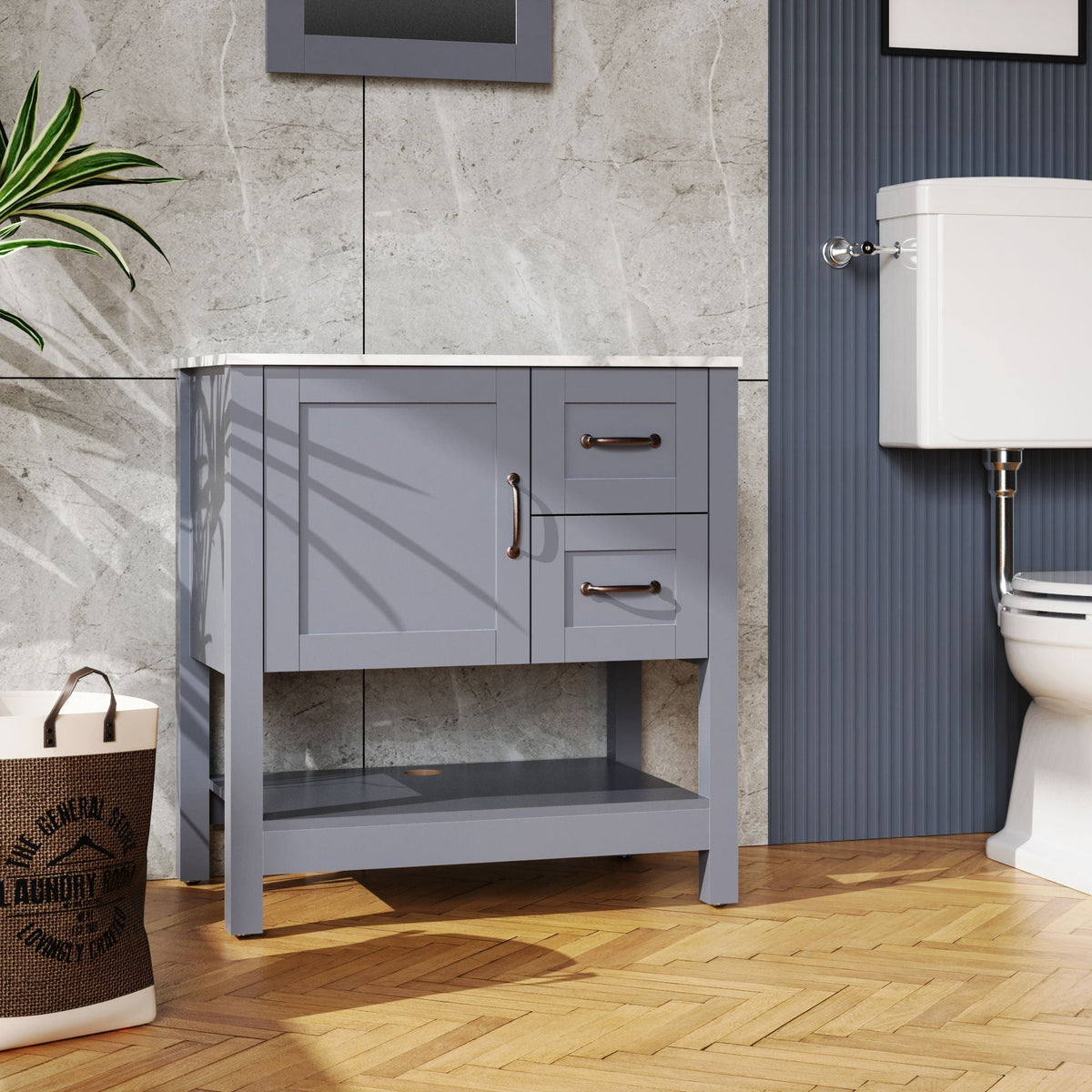 Gray Bathroom Vanity With Mirror and Marble-Pattern Top