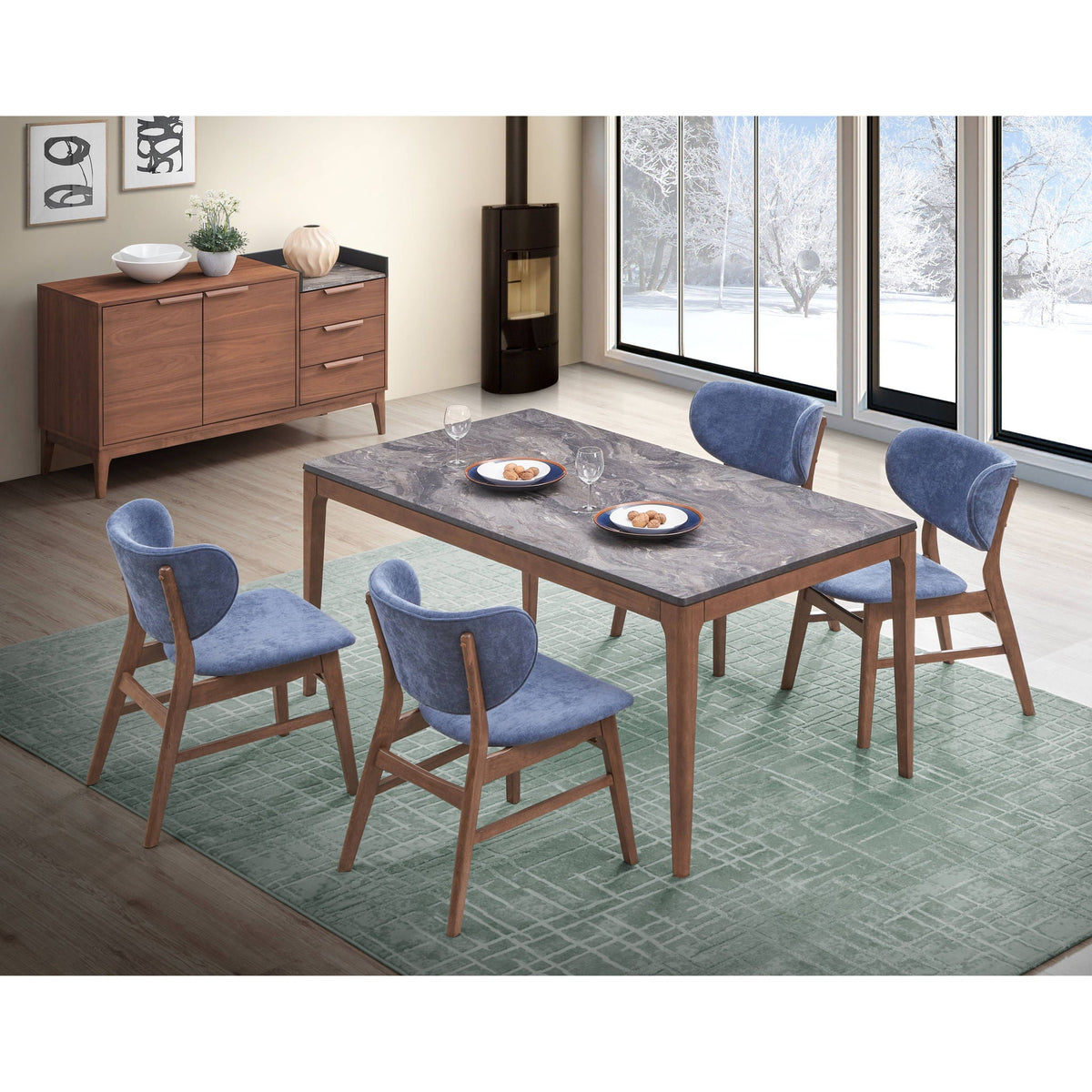 5 Piece Dining Room Set with Upholstered Chairs - Blue or Dark Green