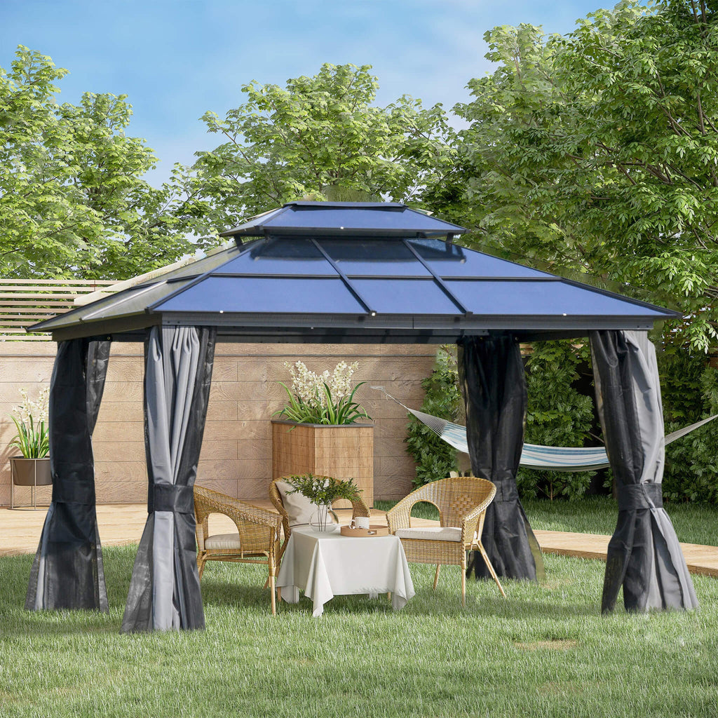 [10X12FT] Hardtop Gazebo Canopy With Polycarbonate Double Roof, Netting, And Curtains (SAK15672)