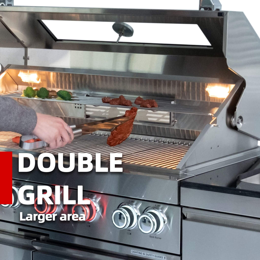 Imperial 110-Inch 4-Burner 72K BTU Deluxe Stainless Steel Outdoor Kitchen Grill Island With Wine Cooler, Rotisserie, Cabinets, And Granite Countertops (SAK94721)