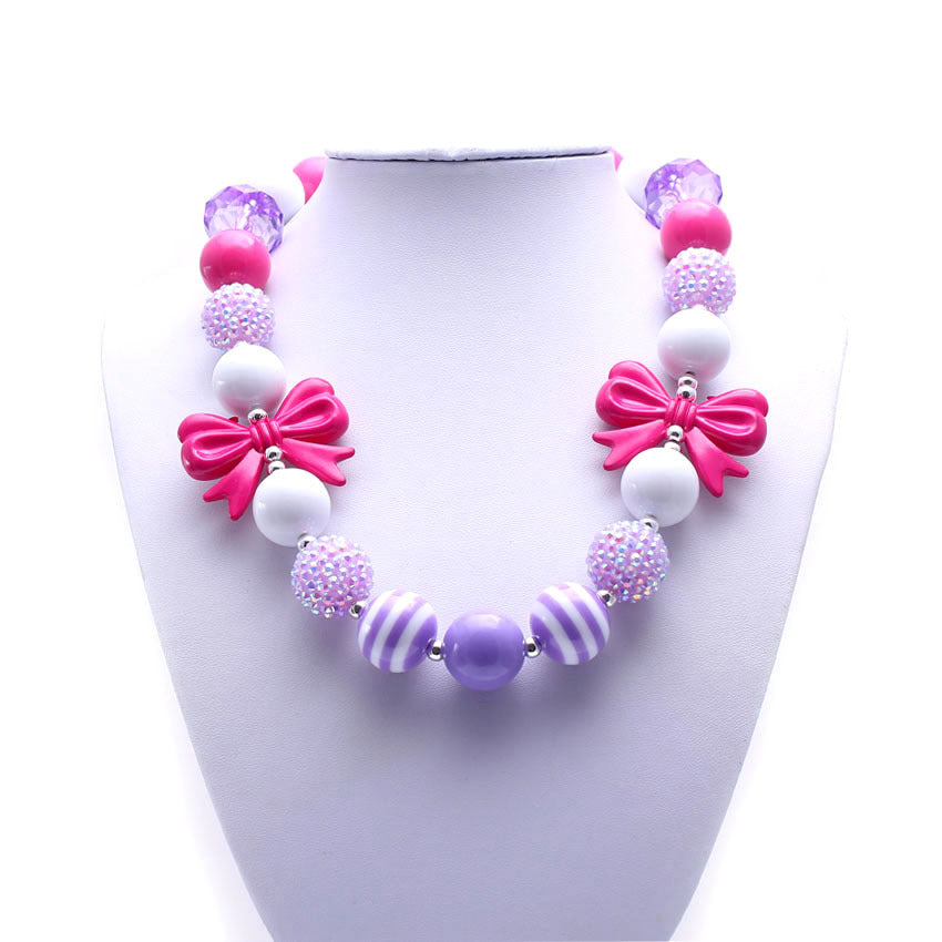 Pink Purple Bow Acrylic Beaded Dog Necklace - Large