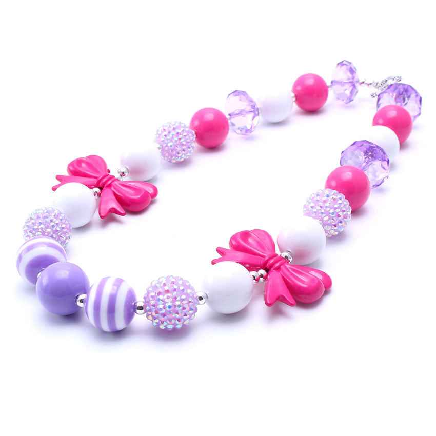 Pink Purple Bow Acrylic Beaded Dog Necklace - Large