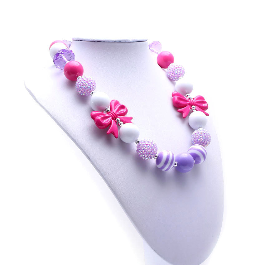 Pink Purple Bow Acrylic Beaded Dog Necklace - Large