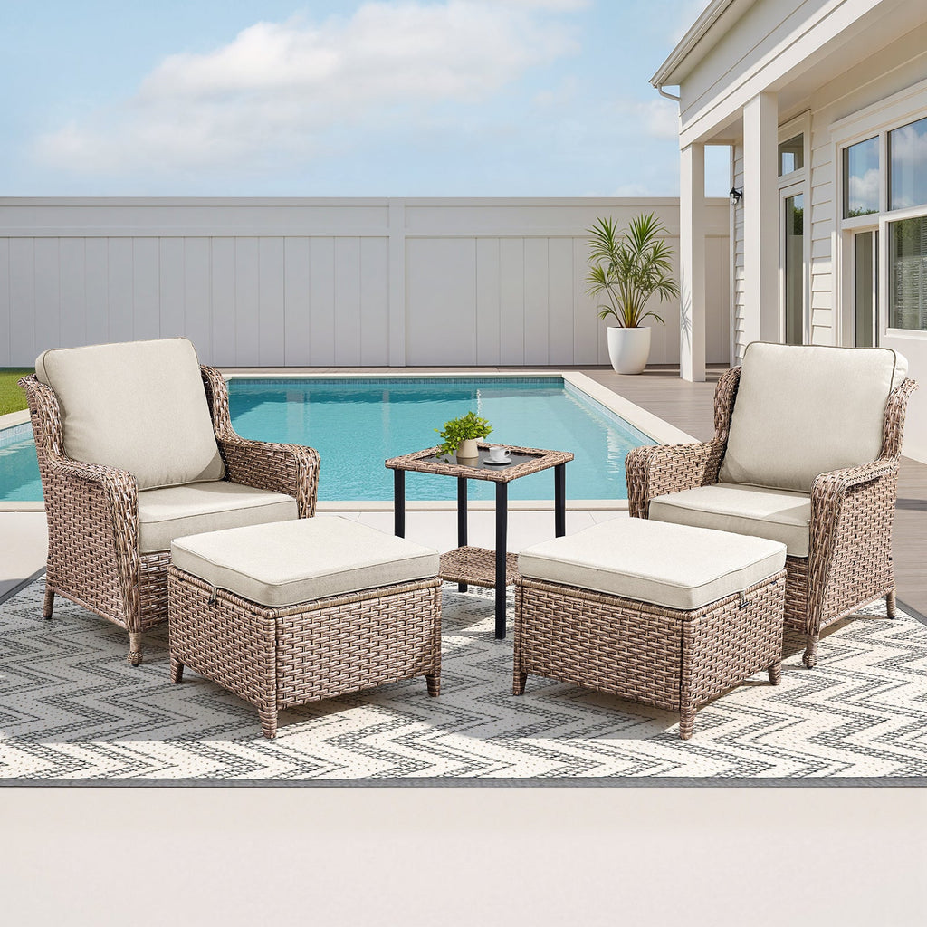 5-Piece Outdoor Lounge Chairs Set with Cushions and Side Table - Beige or Blue