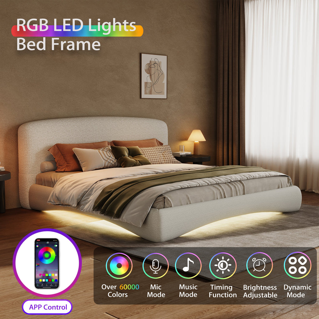 Curved Upholstered Bed with Smart Ambient Lighting - Boucle Fabric