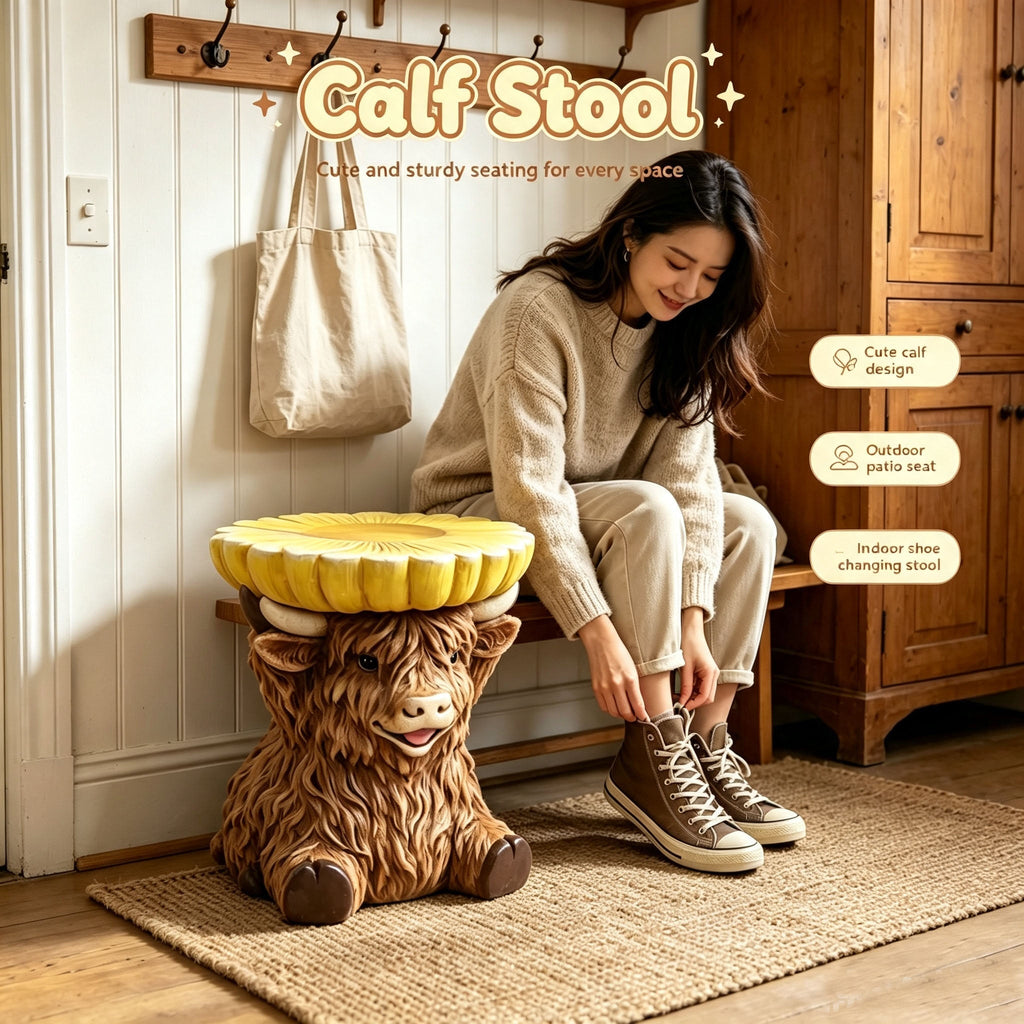 Highland Cow Stool with Sunflower Top - Resin Farmhouse Stool