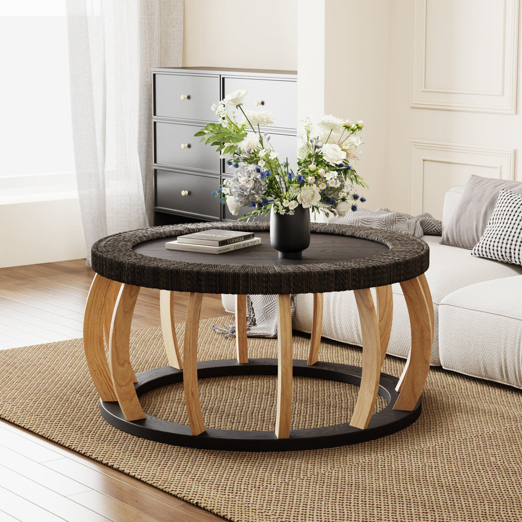 Vintage Rattan Solid Wood Round Coffee Table with Curved Legs - Natural