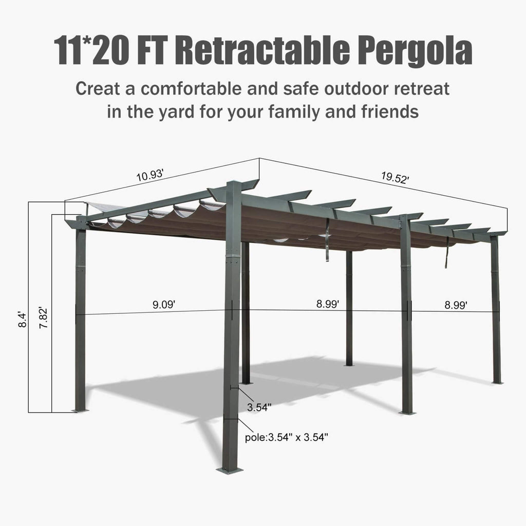 [11X20FT] Premium Outdoor Retractable Aluminum Pergola With Weather-Resistant Canopy (SAK54612)