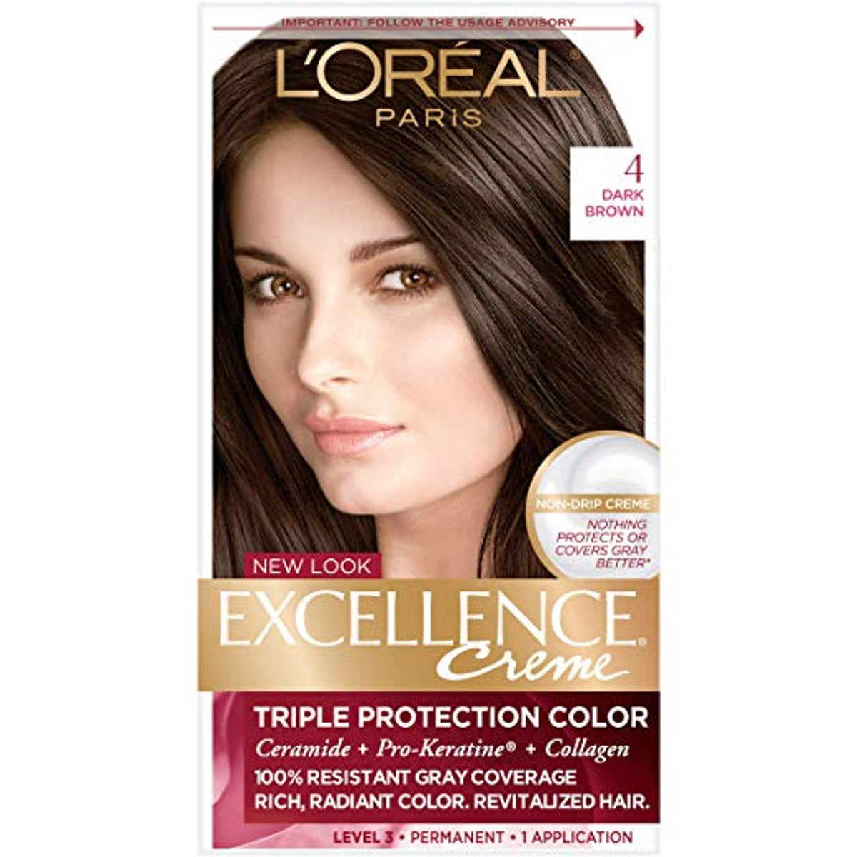 Excellence L'Oreal Paris Triple Protection Permanent Hair Color - 4 Dark Brown - 1 Kit