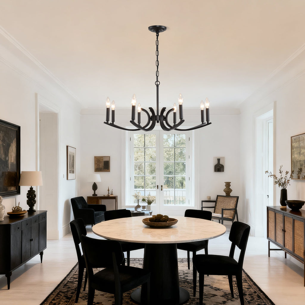 8-Light Farmhouse Chandelier with Adjustable Height - Black Metal