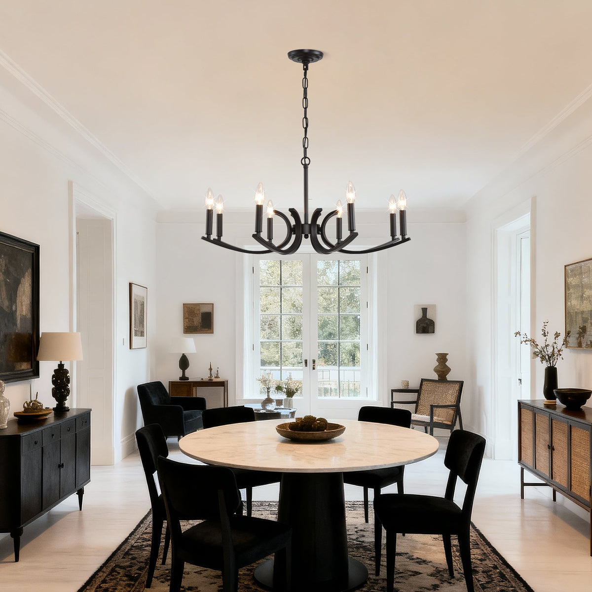 8-Light Farmhouse Chandelier with Adjustable Height - Black Metal