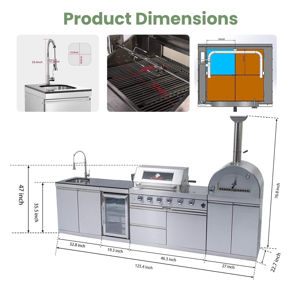 125-Inch 4-Burner 108K BTU Outdoor Kitchen Island With Pizza Oven, Rotisserie & Refrigerator (SAK55768)