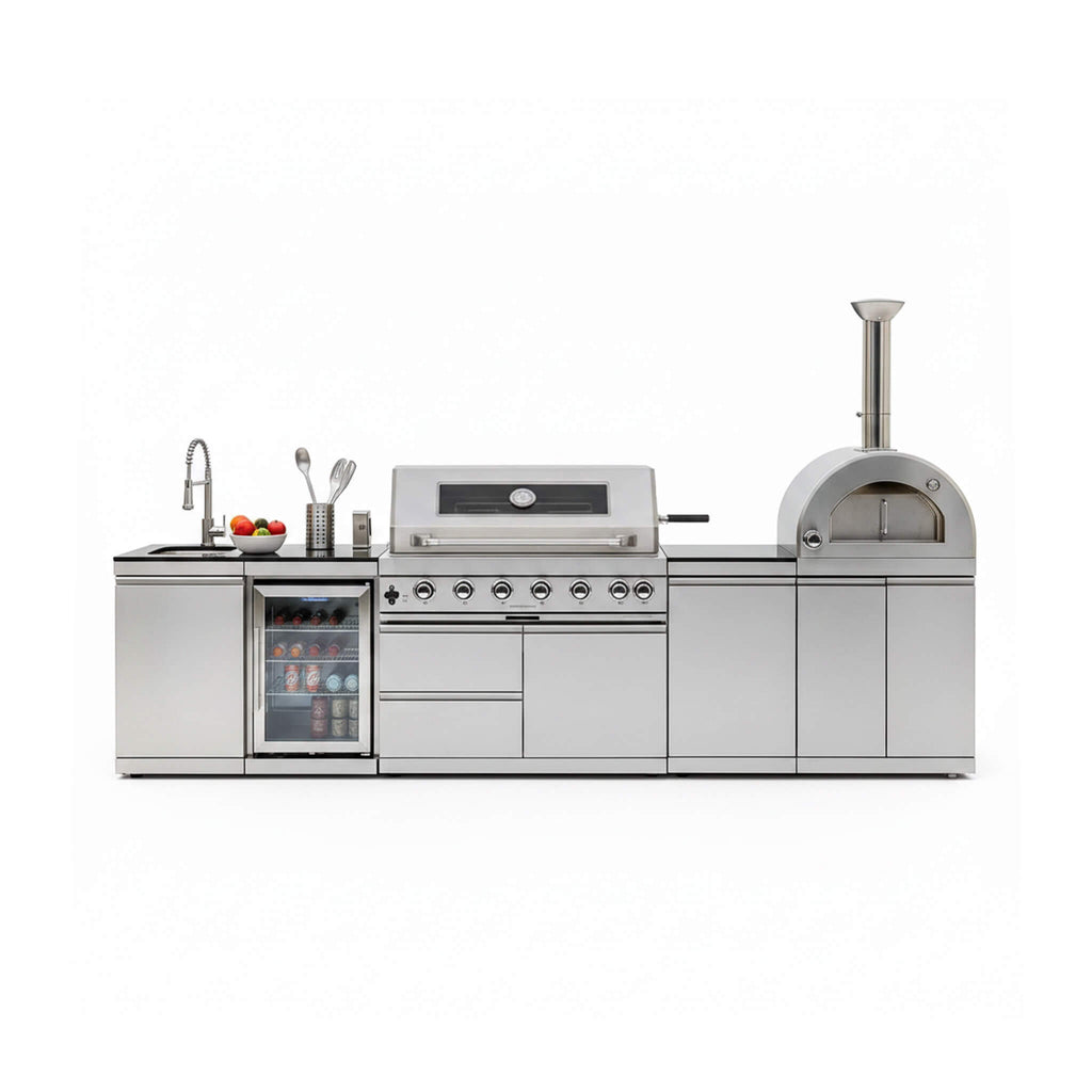 128-Inch 6-Burner 120K BTU Outdoor Kitchen Island With Pizza Oven, Rotisserie & Refrigerator (SAK75770)