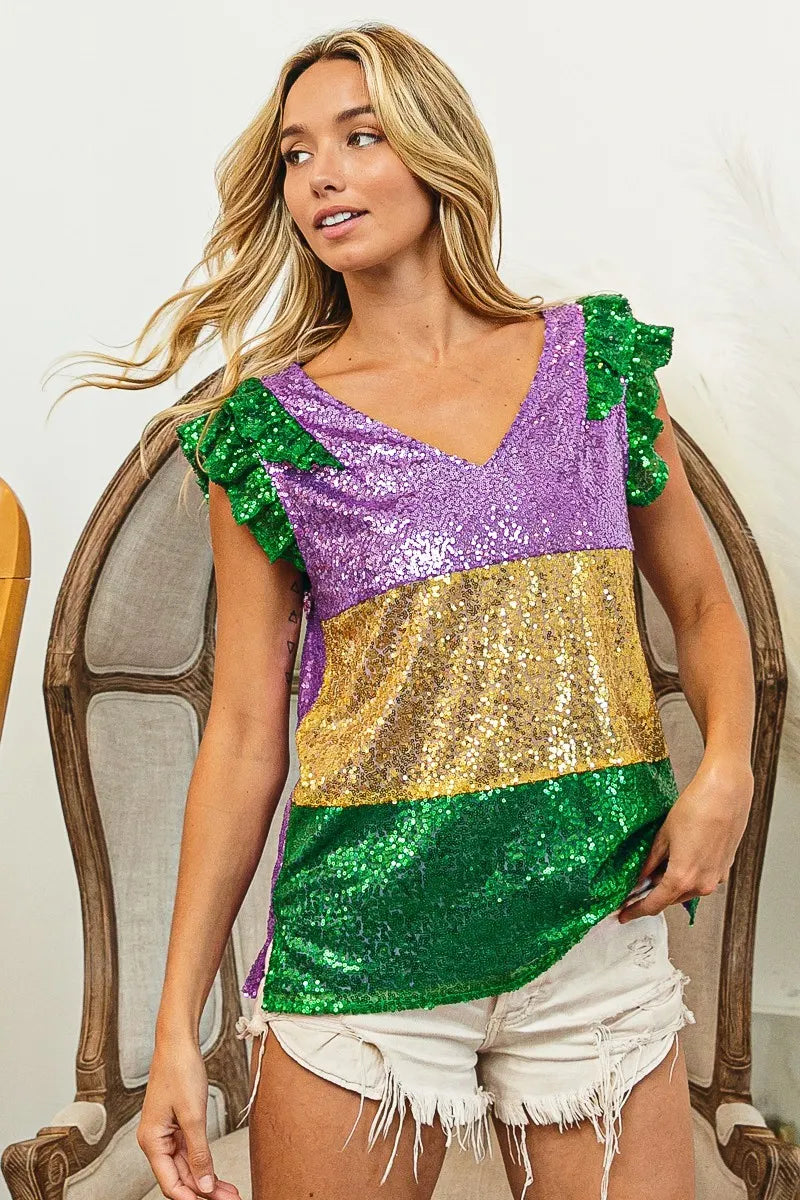 BiBi Mardi Gras Sequin Color Block Ruffled  Top