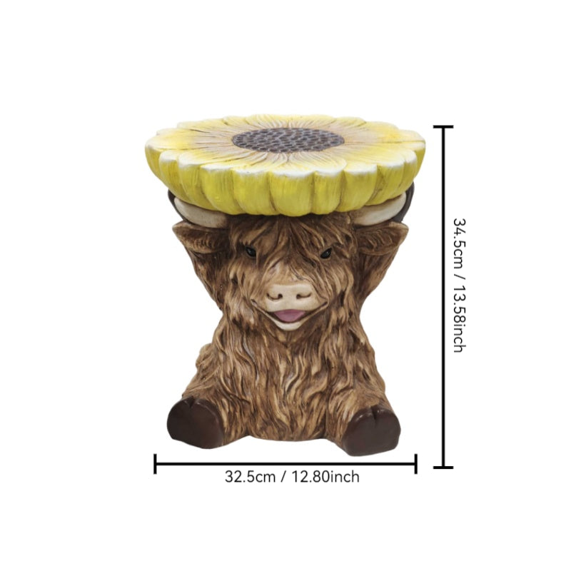 Highland Cow Stool with Sunflower Top - Resin Farmhouse Stool