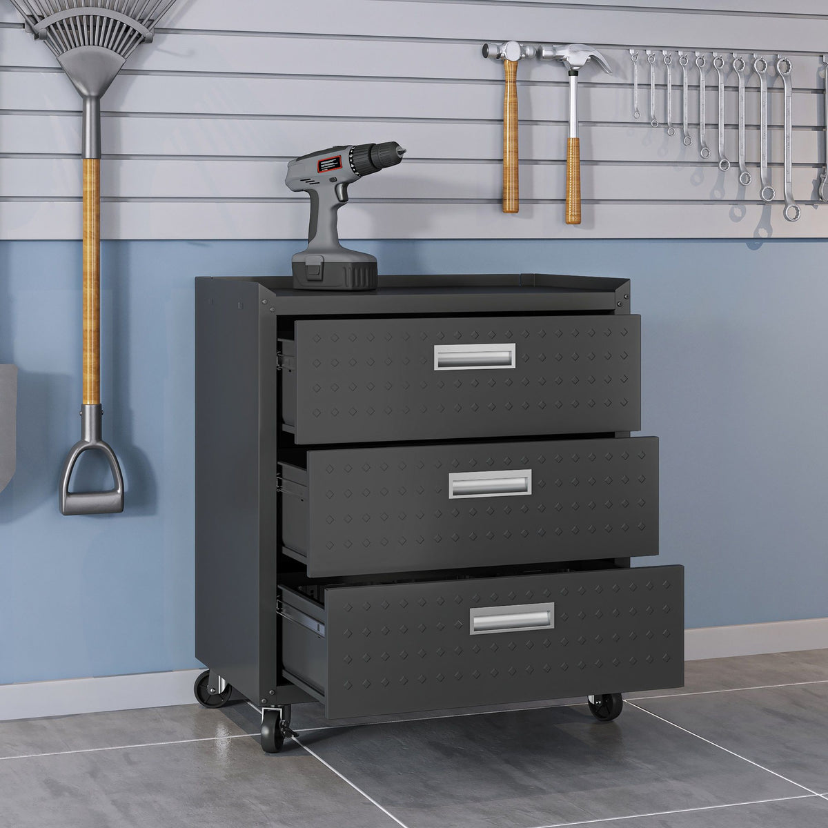 3 Drawer Rolling Garage Cabinet with Mobile Design - White, Dark Gray, Gray