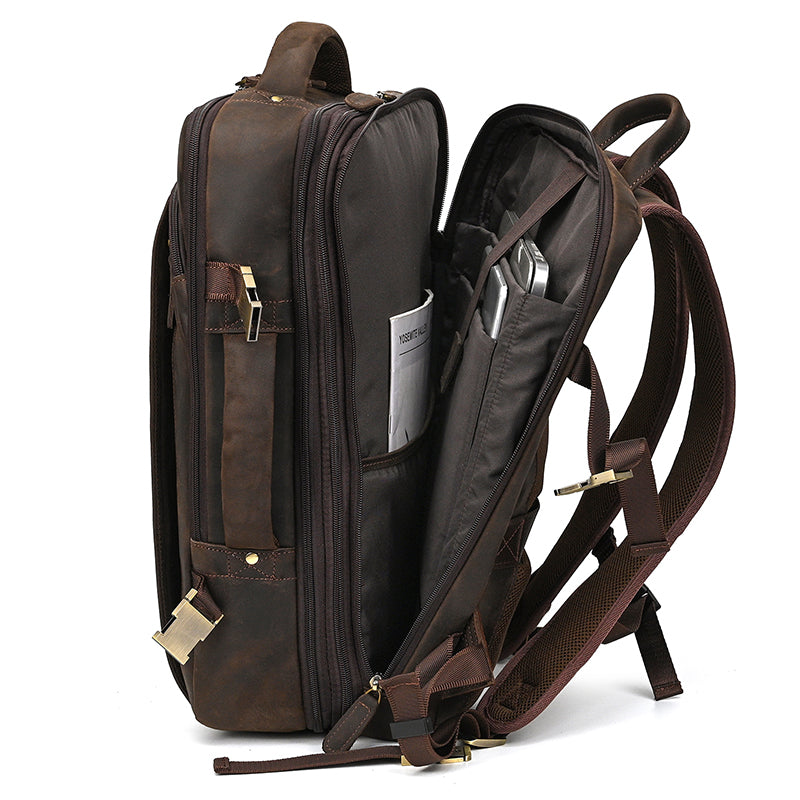 Full Grain Leather Travel Backpack Mens Large Leather Backpack Laptop Backpack Convertible Handbag
