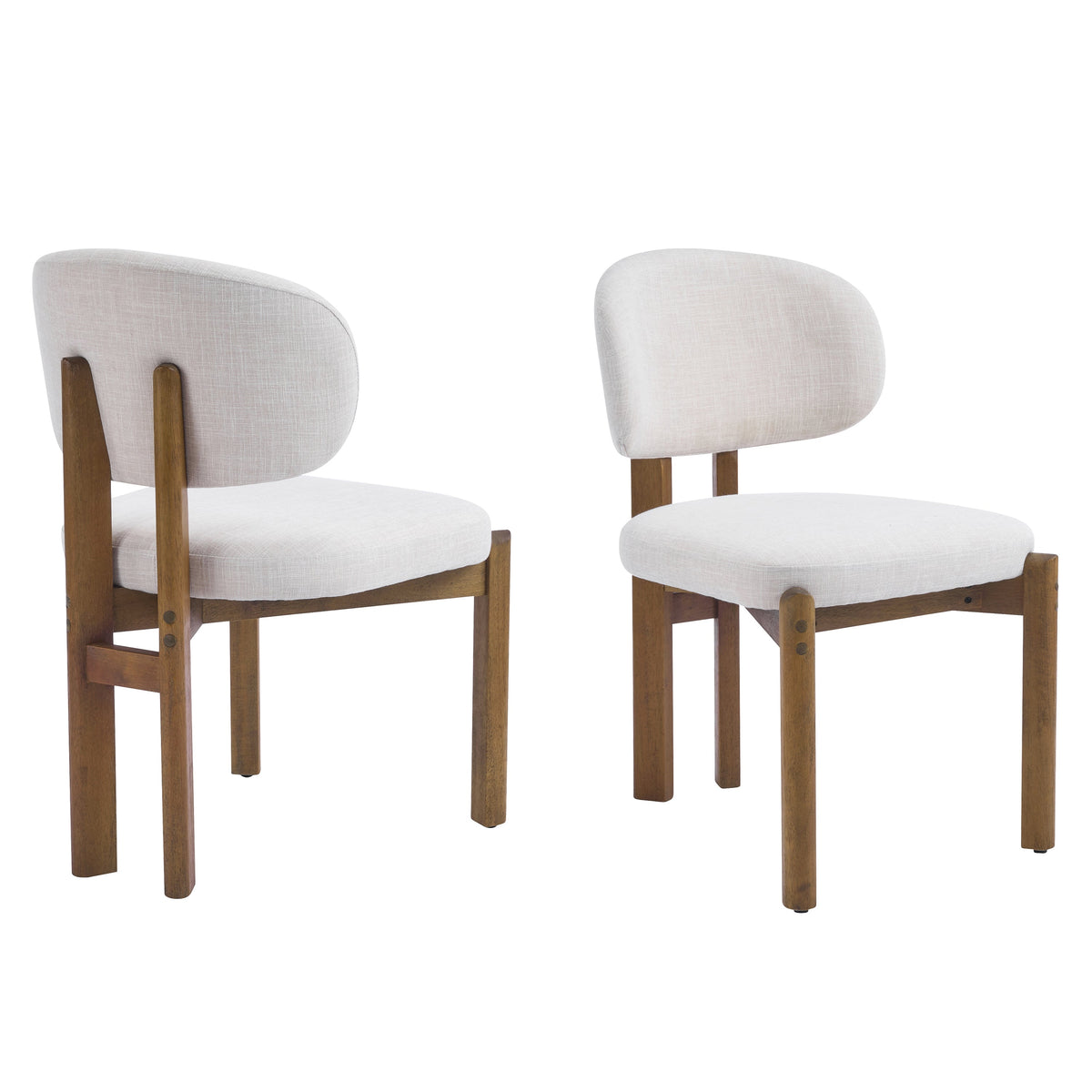 Beige Upholstered Mid-Century Dining Chair with Walnut Frame - Beige