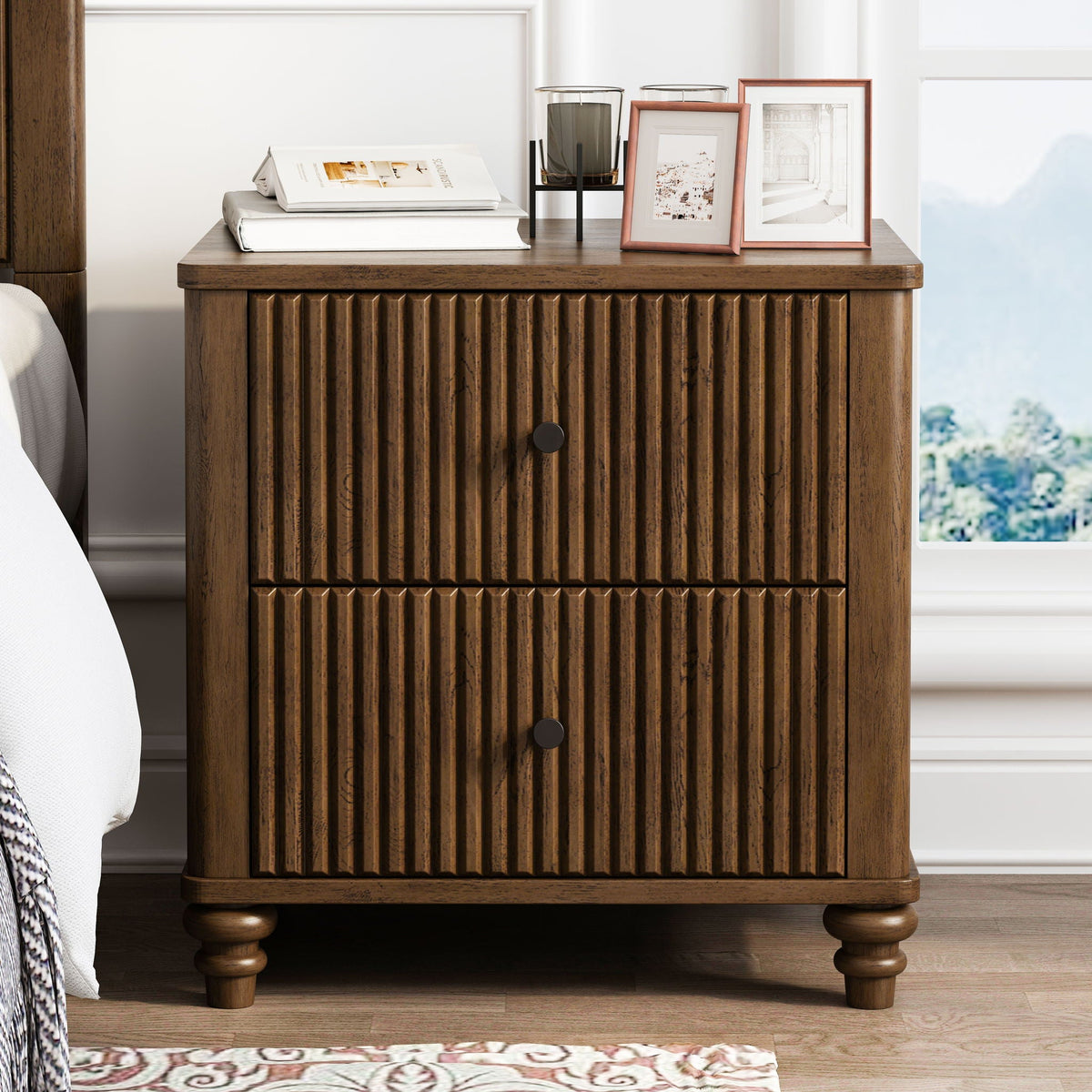 Fluted Nightstand with 3 Drawers - Set of 2 - Dark Brown or Beige