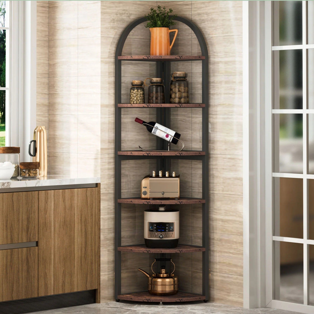 Tall 6 Tier Corner Shelf with Sturdy Metal Frame - Rustic Brown