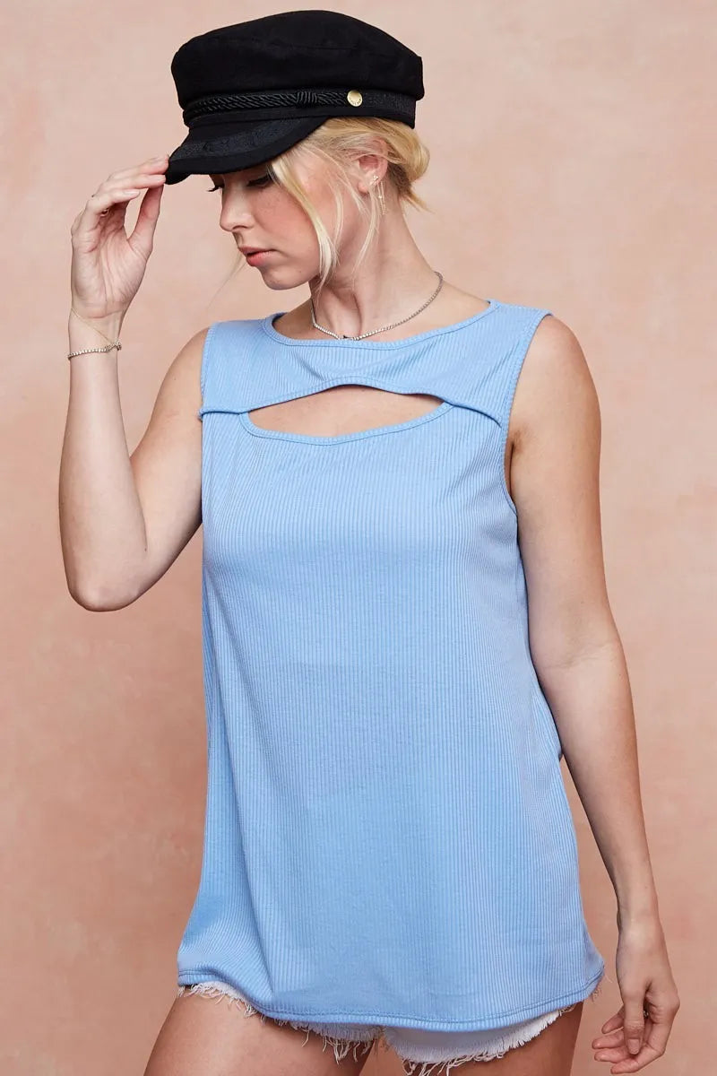BiBi Soft Rib Knit with Cut Out Front Sleeveless Top