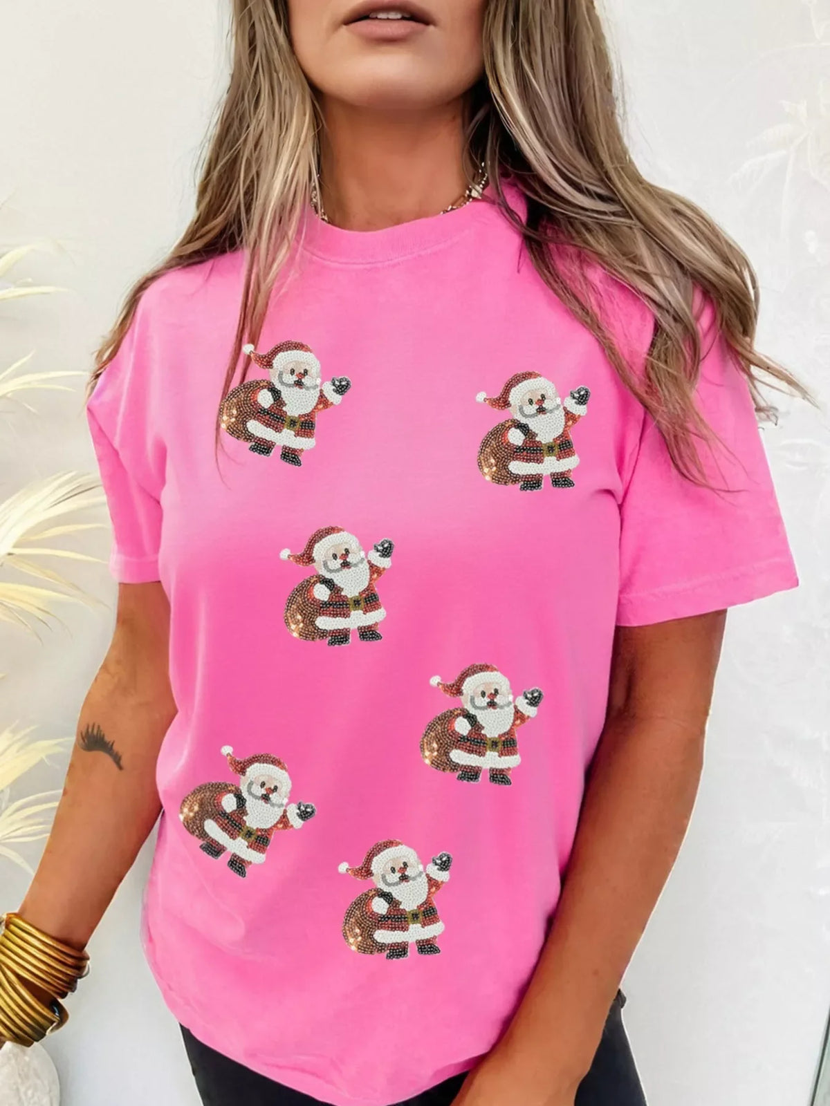 Santa Claus Deliver Gifts Sequin Short Sleeve Tee