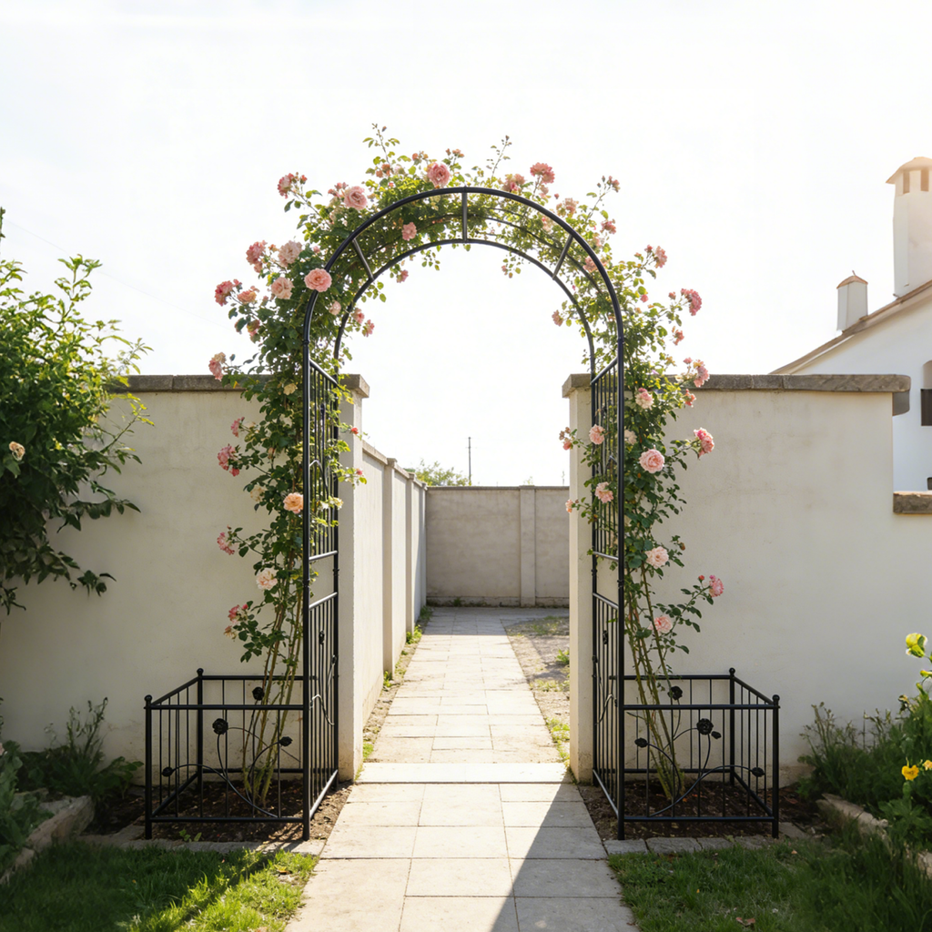 Metal Garden Arch with Two Plant Stands – Iron Trellis for Climbing Plants