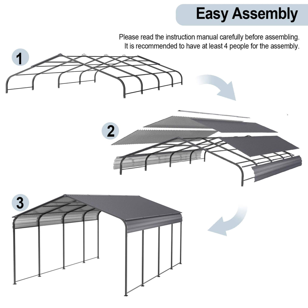 [12X20FT] Heavy-Duty Metal Carport With Galvanized Steel Roof For Car, Boats And Trucks, Gray (SAK95562)