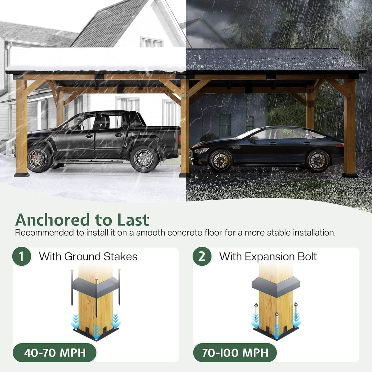 [12X24FT] Large Heavy-Duty Outdoor Cedar Wood Hardtop Carport With Galvanized Steel Roof (SAK48392)