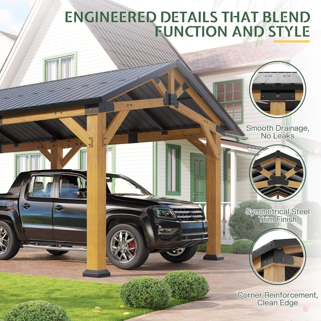 [12X24FT] Large Heavy-Duty Outdoor Cedar Wood Hardtop Carport With Galvanized Steel Roof (SAK48392)
