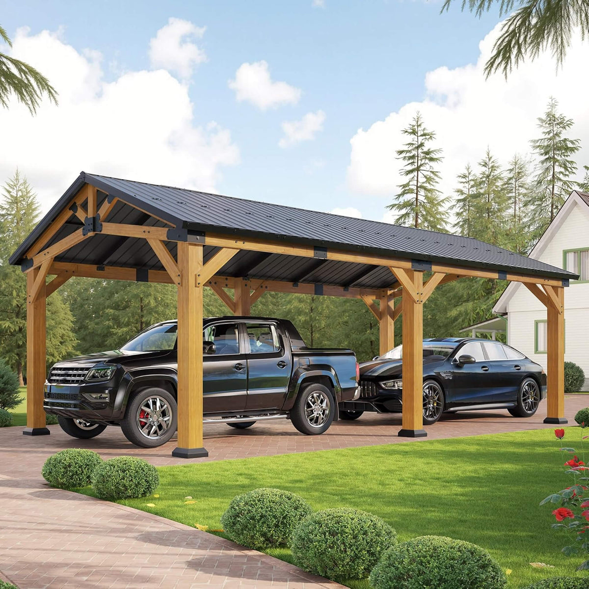 [12X24FT] Large Heavy-Duty Outdoor Cedar Wood Hardtop Carport With Galvanized Steel Roof (SAK48392)