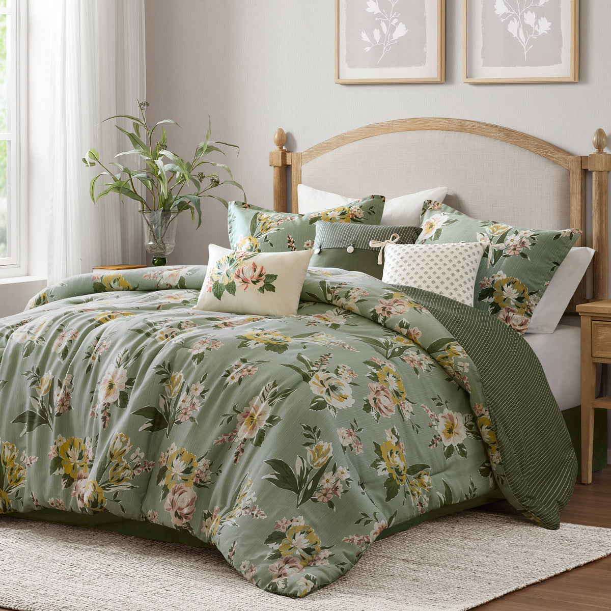 Cal King Floral Comforter Set with Cotton Blend - 7 Piece Set