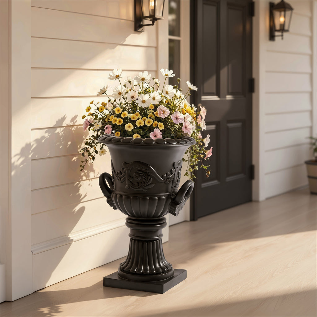 Classical Roman Pedestal Urn Decorative Outdoor Planter with Embossed Floral – Black