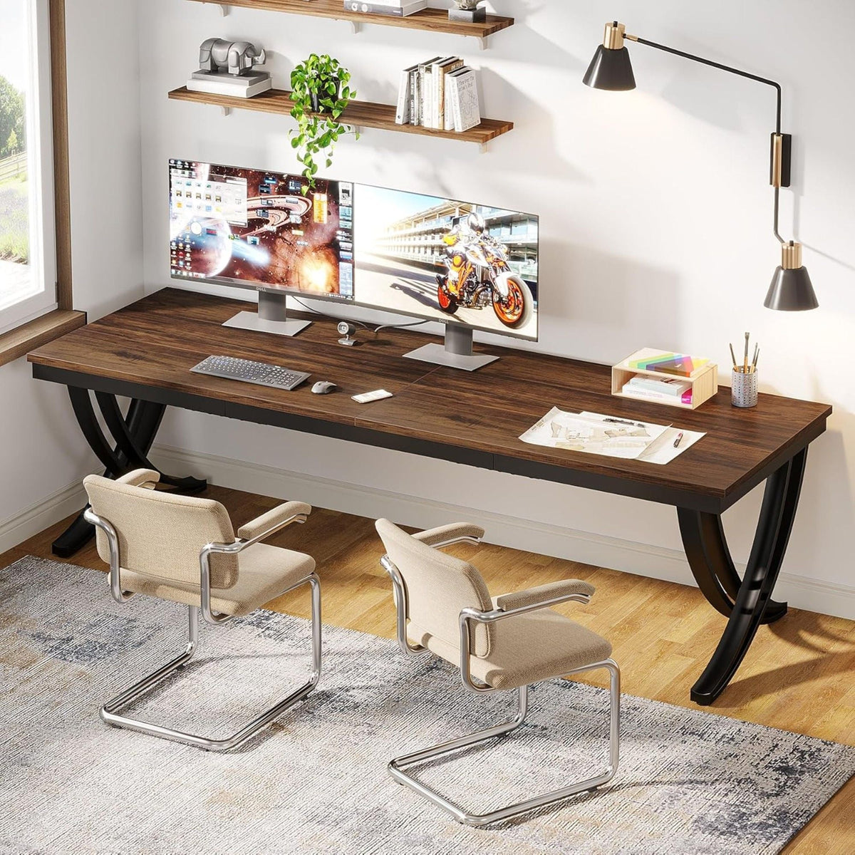 Extra Long 2 Person Desk With X Legs - Brown / Black