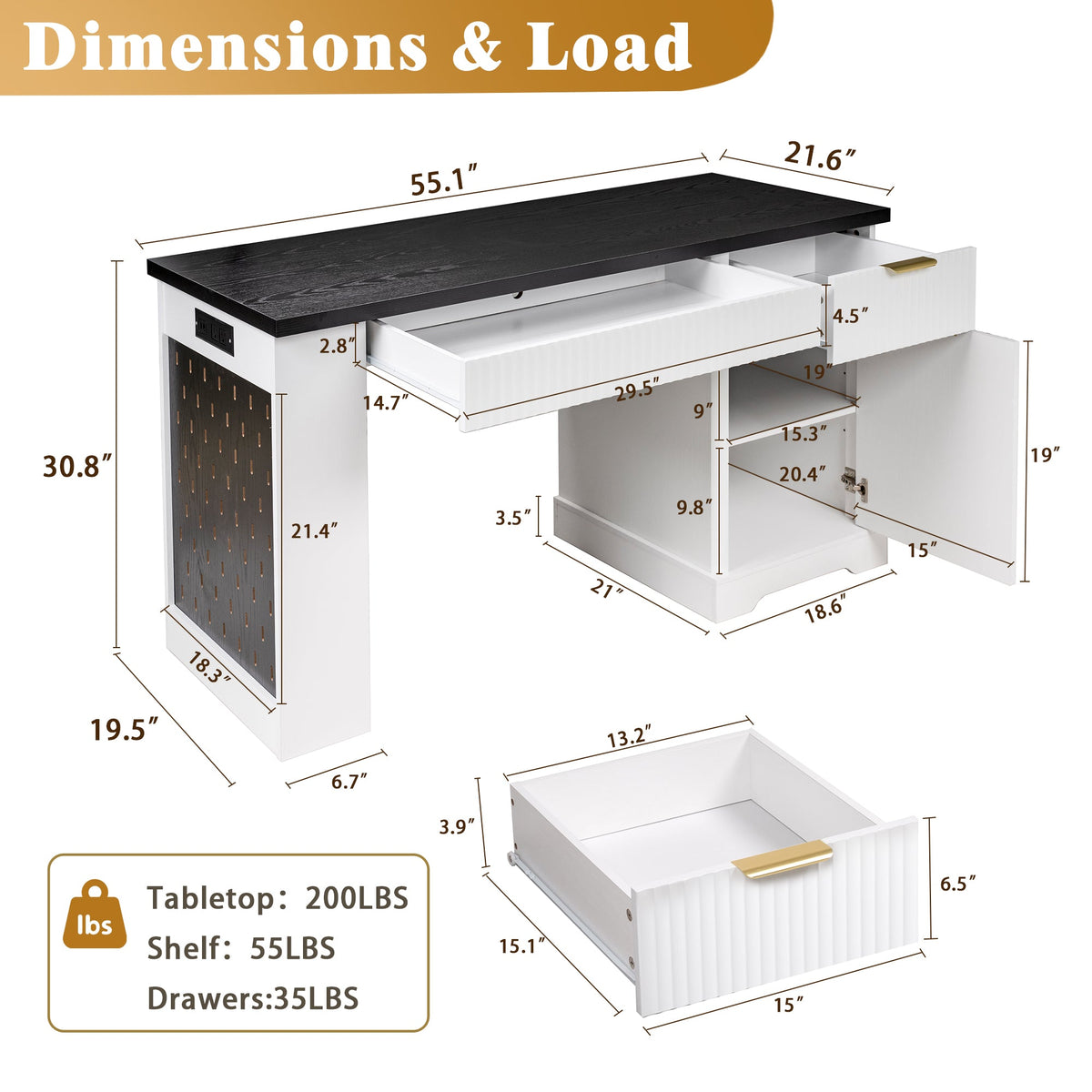 55" Modern Fluted Office Desk with Storage Cabinet & Drawers - MDF