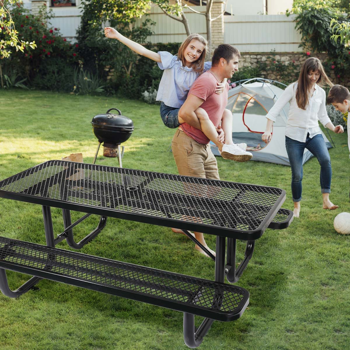 Outdoor Steel Picnic Rectangular Table with Umbrella Pole - Black, Blue, or Dark Green