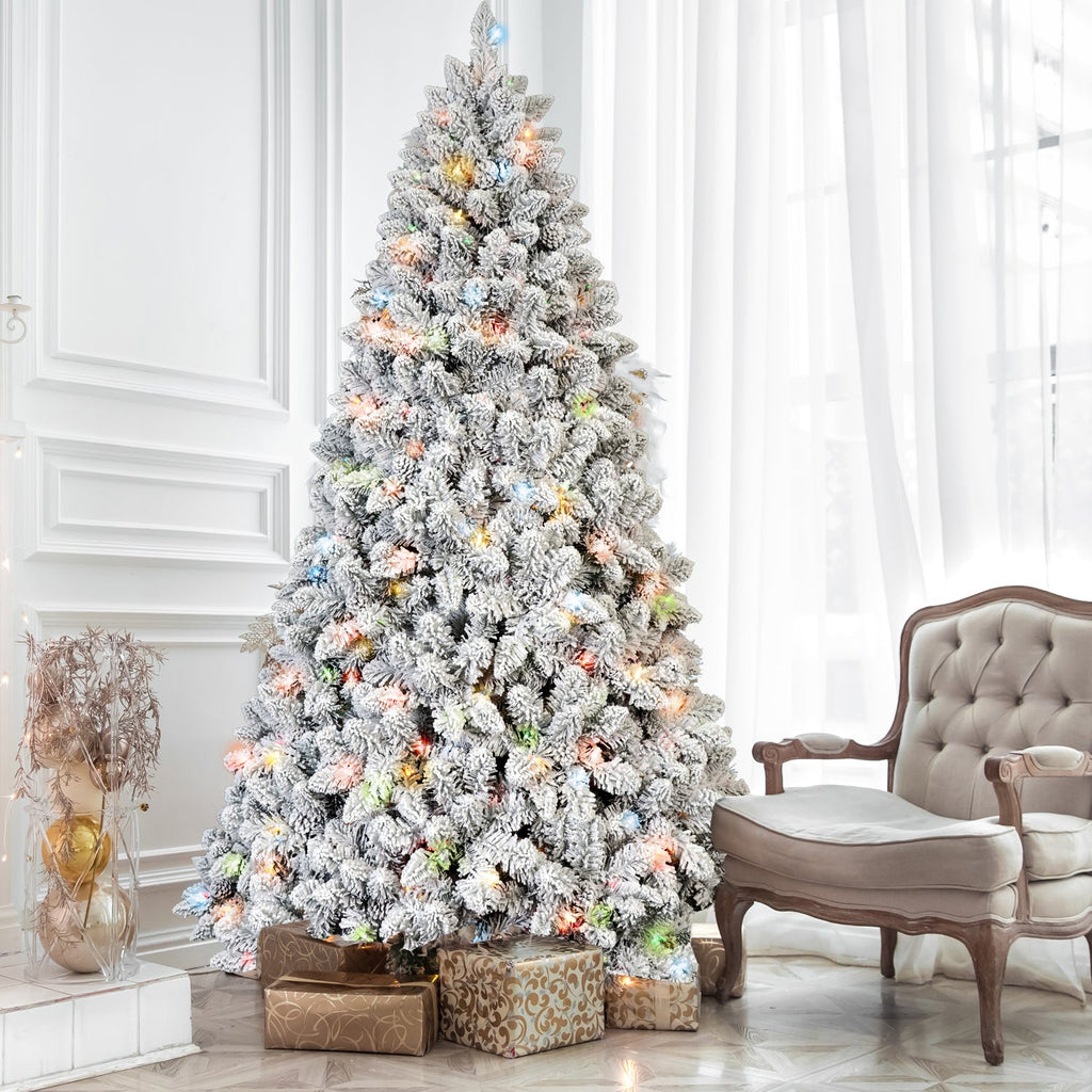 5FT Flocked Christmas Tree with 300 Colorful Lights and Pine Cones