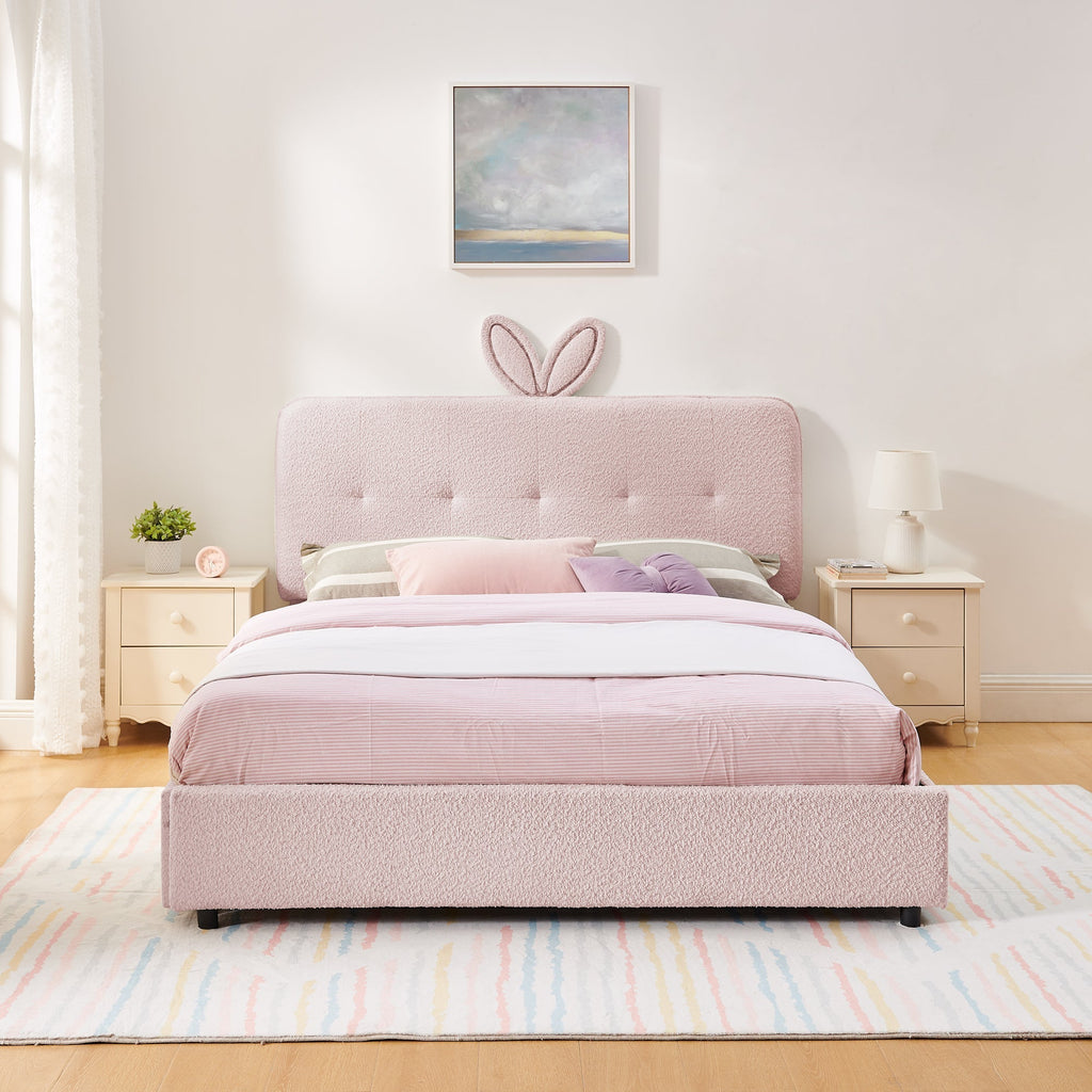 Queen Size Kids Upholstered Bed with Rabbit Ear Headboard & Storage - Boucle