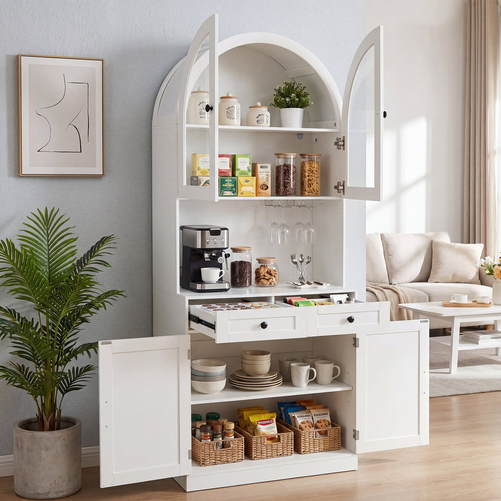75" Farmhouse Tall Arched Pantry Cabinet with Charging Station - Oak or White
