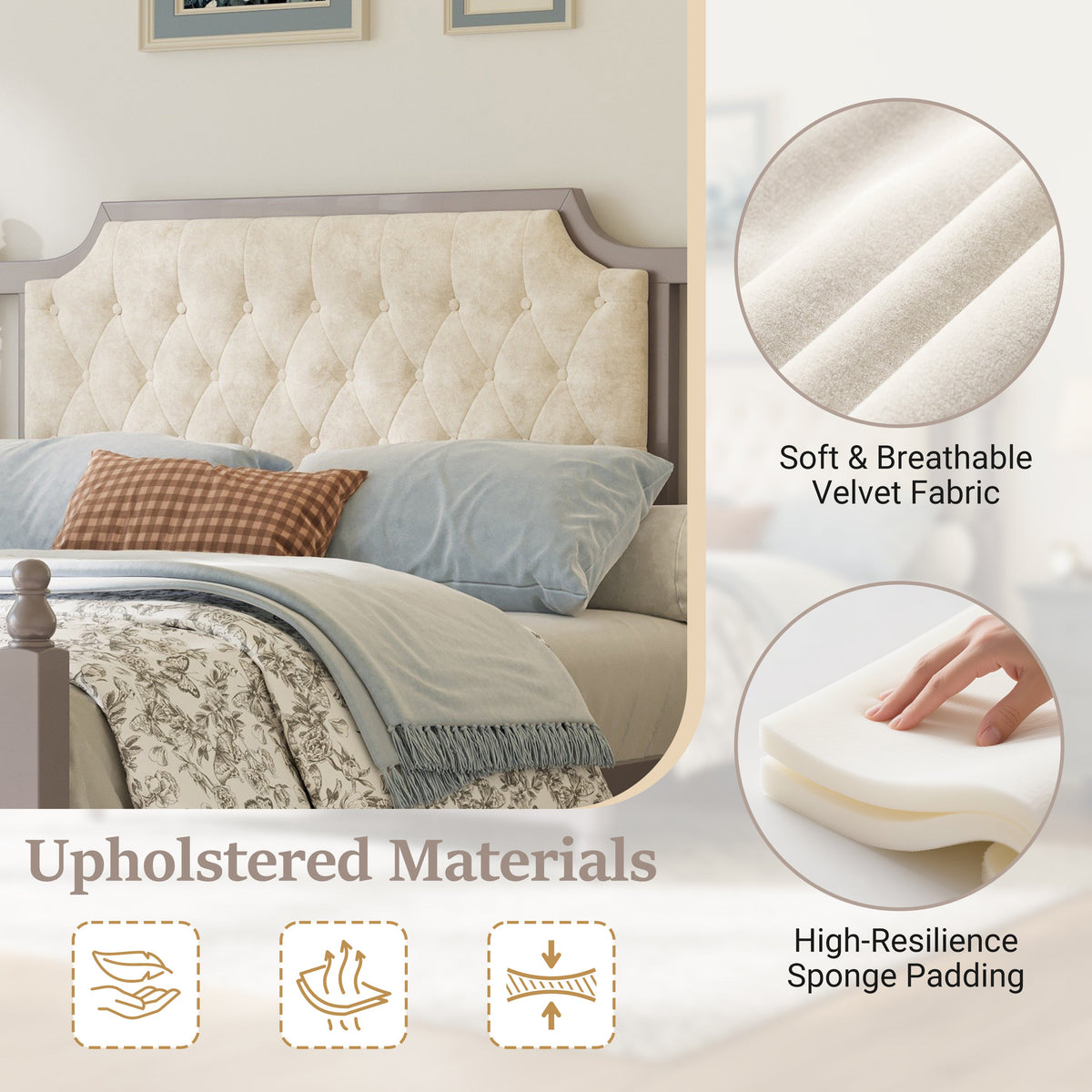 Queen Size Upholstered Platform Bed with Button Tufted Velvet Headboard - Taupe or Brown