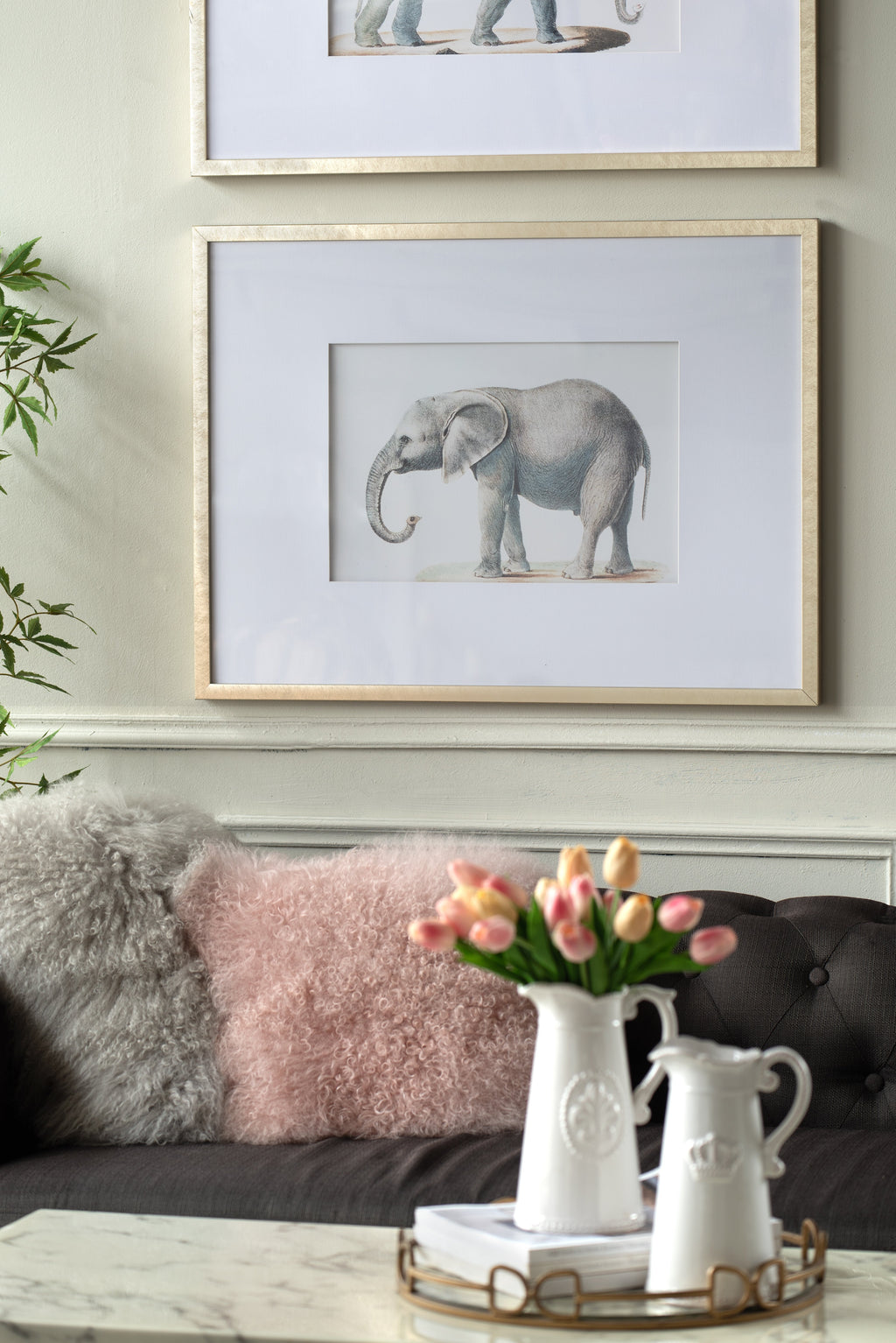 Elephant Pencil Drawings Wall Art Set with Glass Frames - Gray