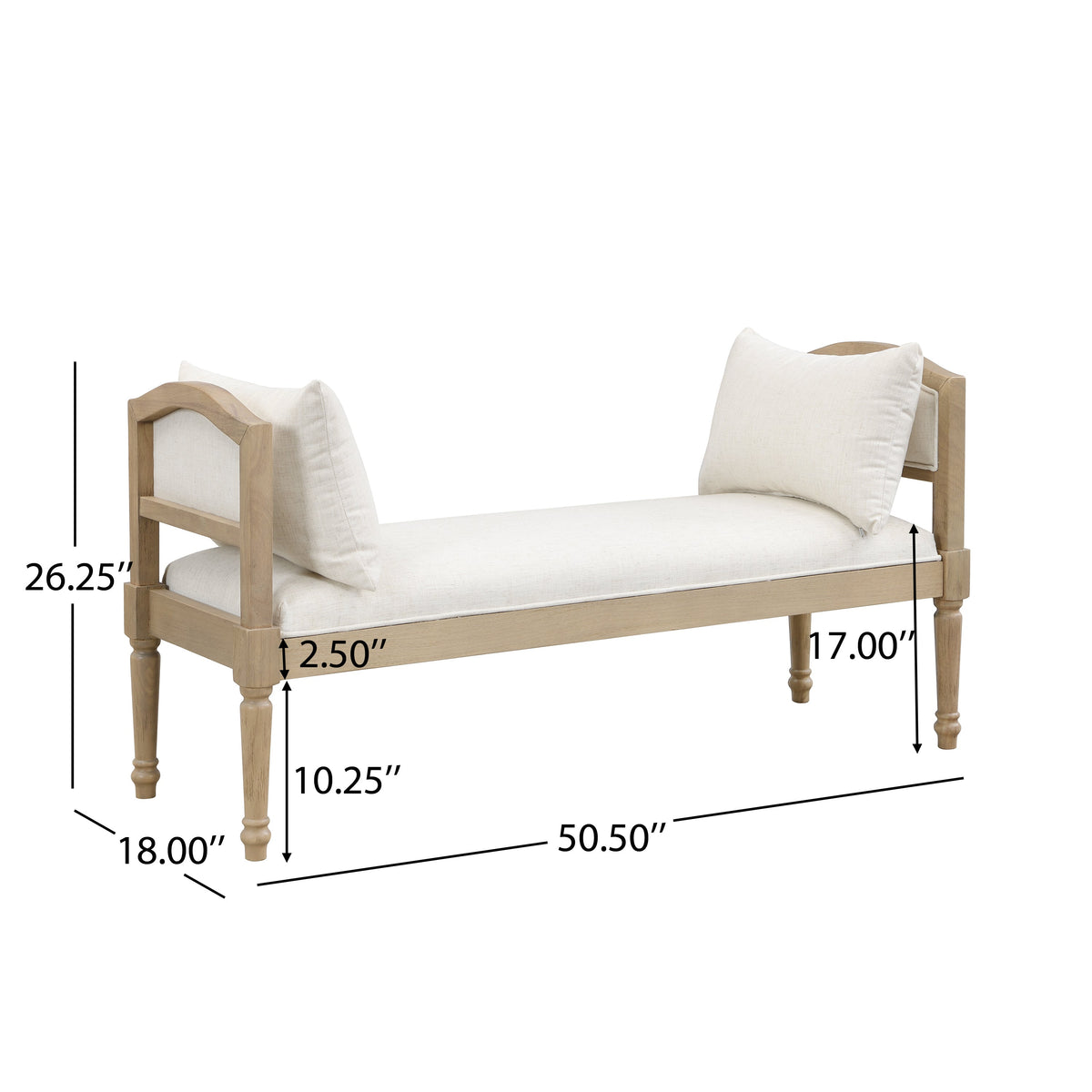 Upholstered Bench with Turned Legs & Side Cushions - Beige or Greige