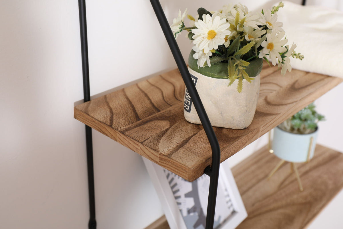 Light Brown 5-Tier Wall Shelves with Decorative Hanging Display - Light Brown
