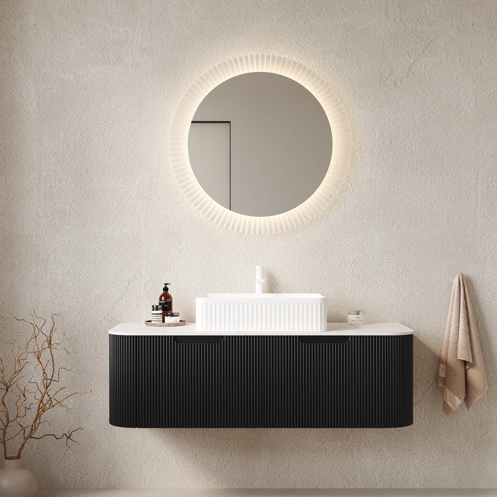48" Bathroom Vanity with Ceramic Sink and Floating Striped Cabinet - Light Wood