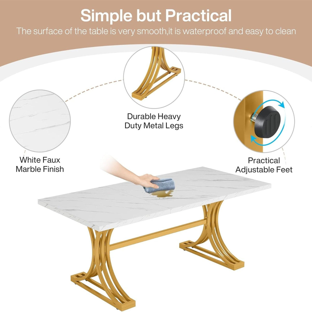 White and Gold Executive Desk with X-Legs - Stain-Resistant Surface
