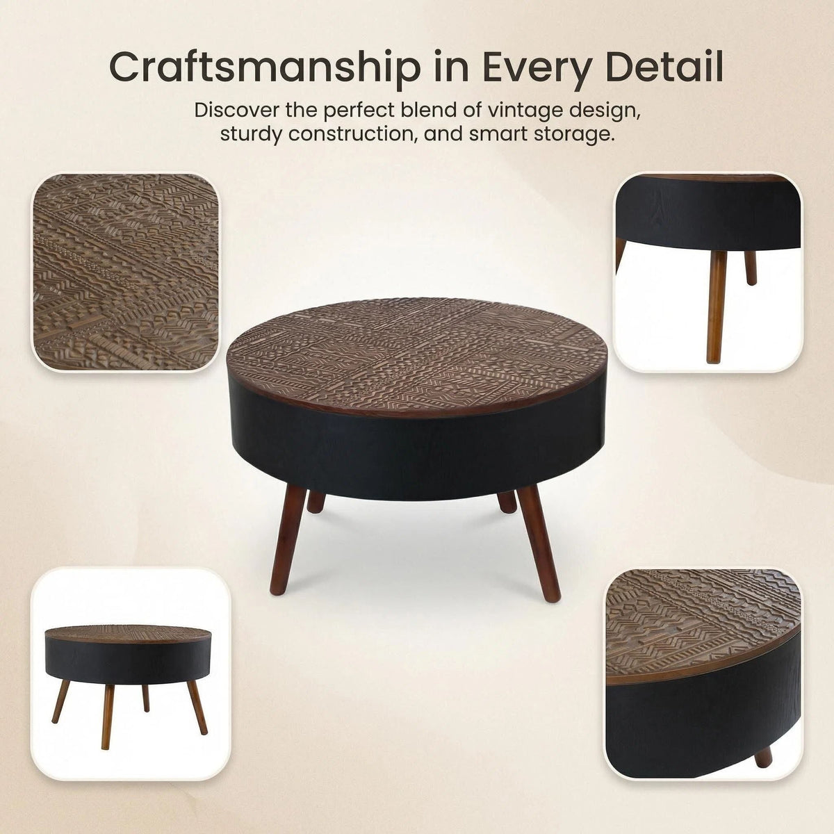 Round Coffee Table with Storage Function - Carved Wood Top - Dark Brown or Black