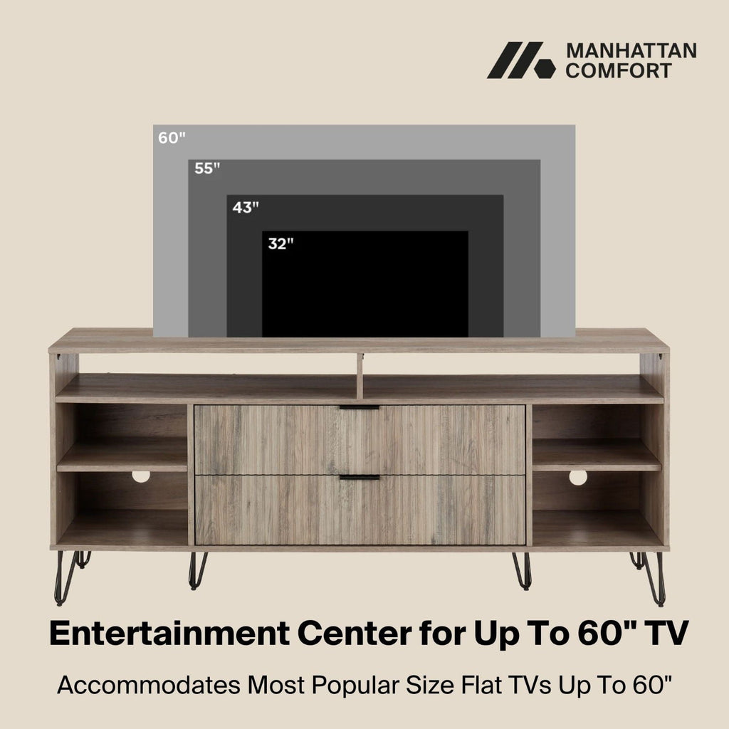 Fluted TV Stand with Storage and Metal Legs - Multiple Colors